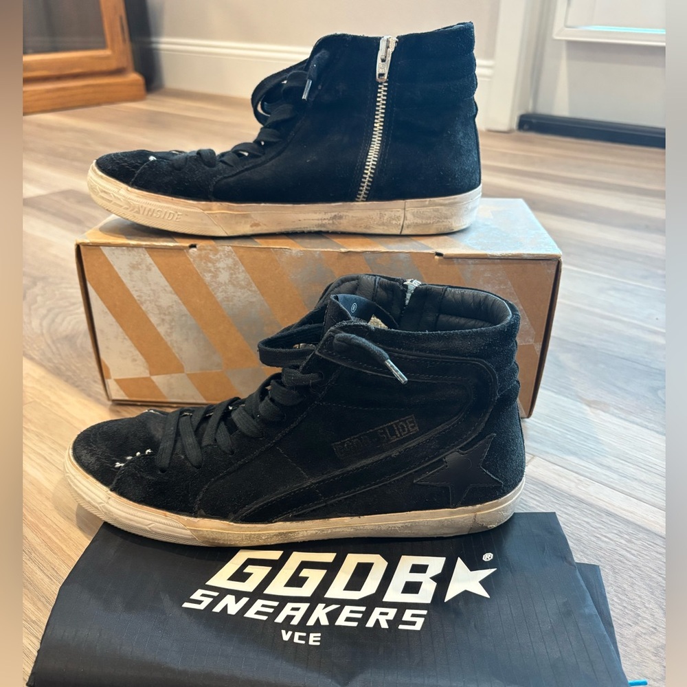 Golden Goose Slide- Black Suede Sneakers Distressed Look Lace-Up - Picture 3 of 9
